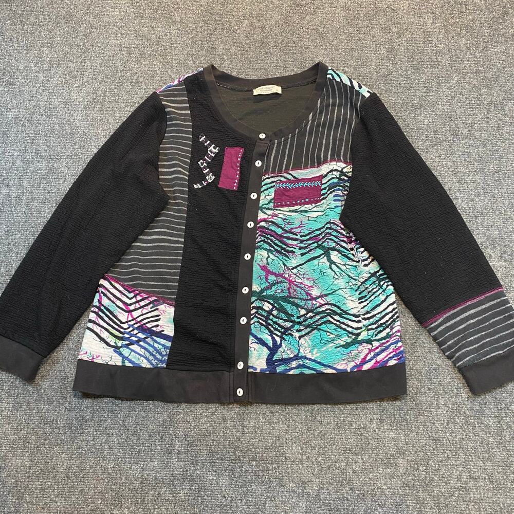 Women's Patchwork Button-Front Cardigan Sweater - Black with Teal & Purple